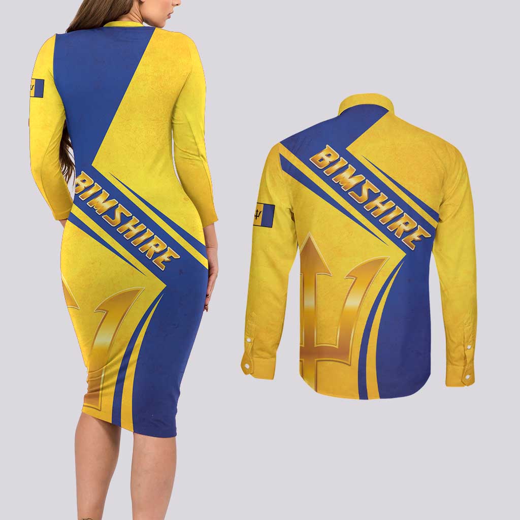 Barbados Gold Trident Couples Matching Long Sleeve Bodycon Dress and Long Sleeve Button Shirt With Coat Of Arms