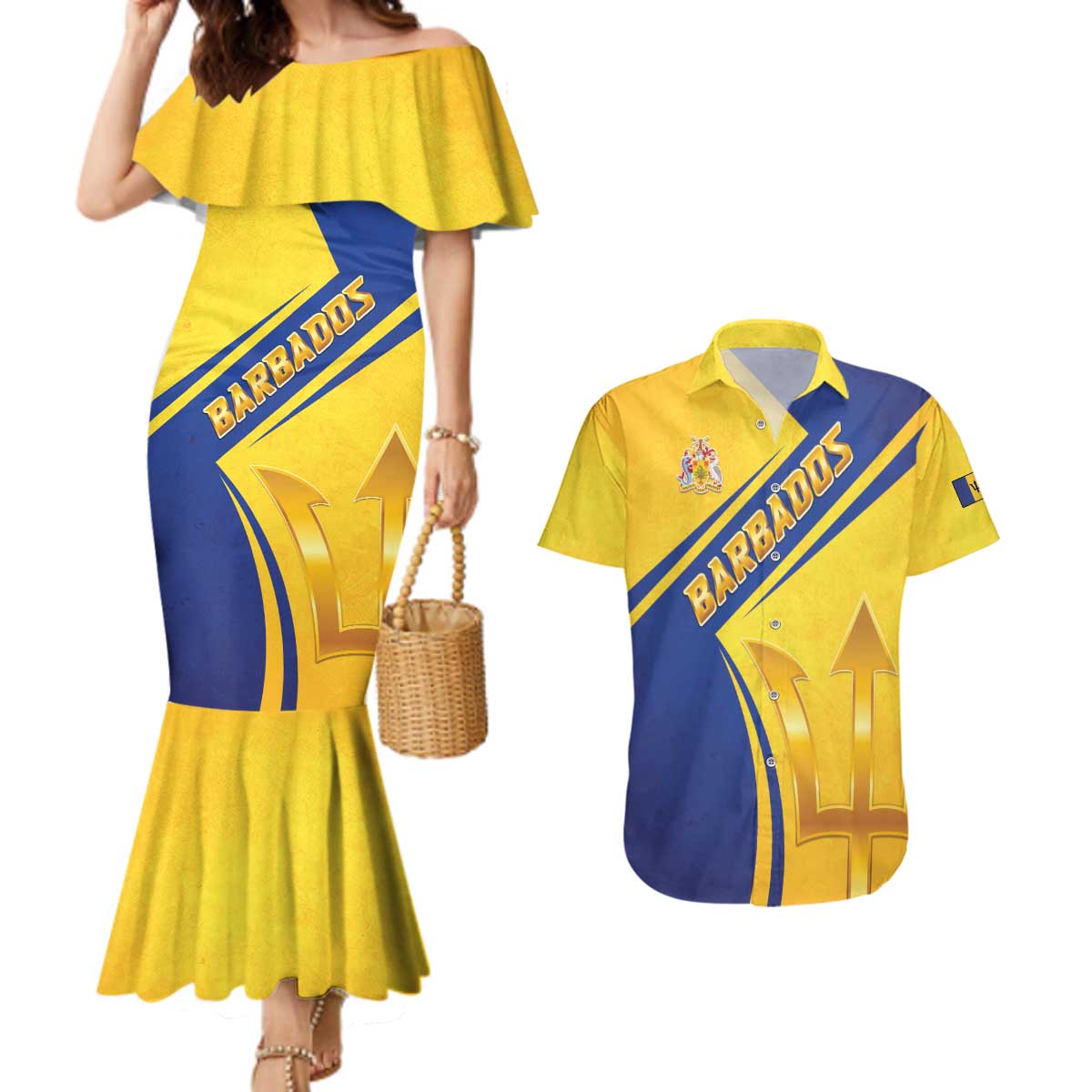 Barbados Gold Trident Couples Matching Mermaid Dress and Hawaiian Shirt With Coat Of Arms