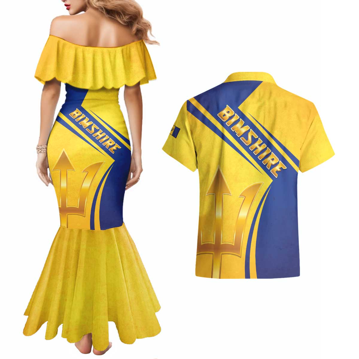 Barbados Gold Trident Couples Matching Mermaid Dress and Hawaiian Shirt With Coat Of Arms