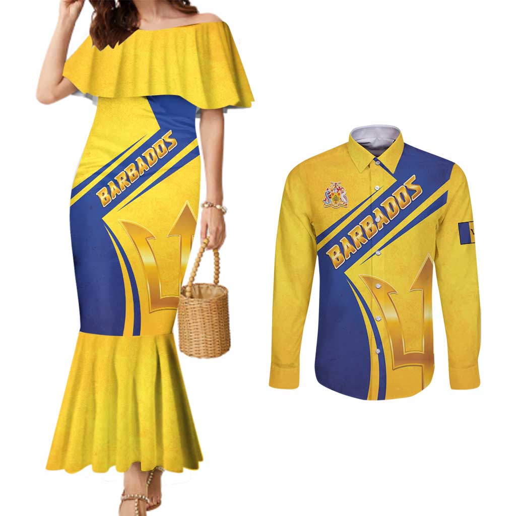 Barbados Gold Trident Couples Matching Mermaid Dress and Long Sleeve Button Shirt With Coat Of Arms