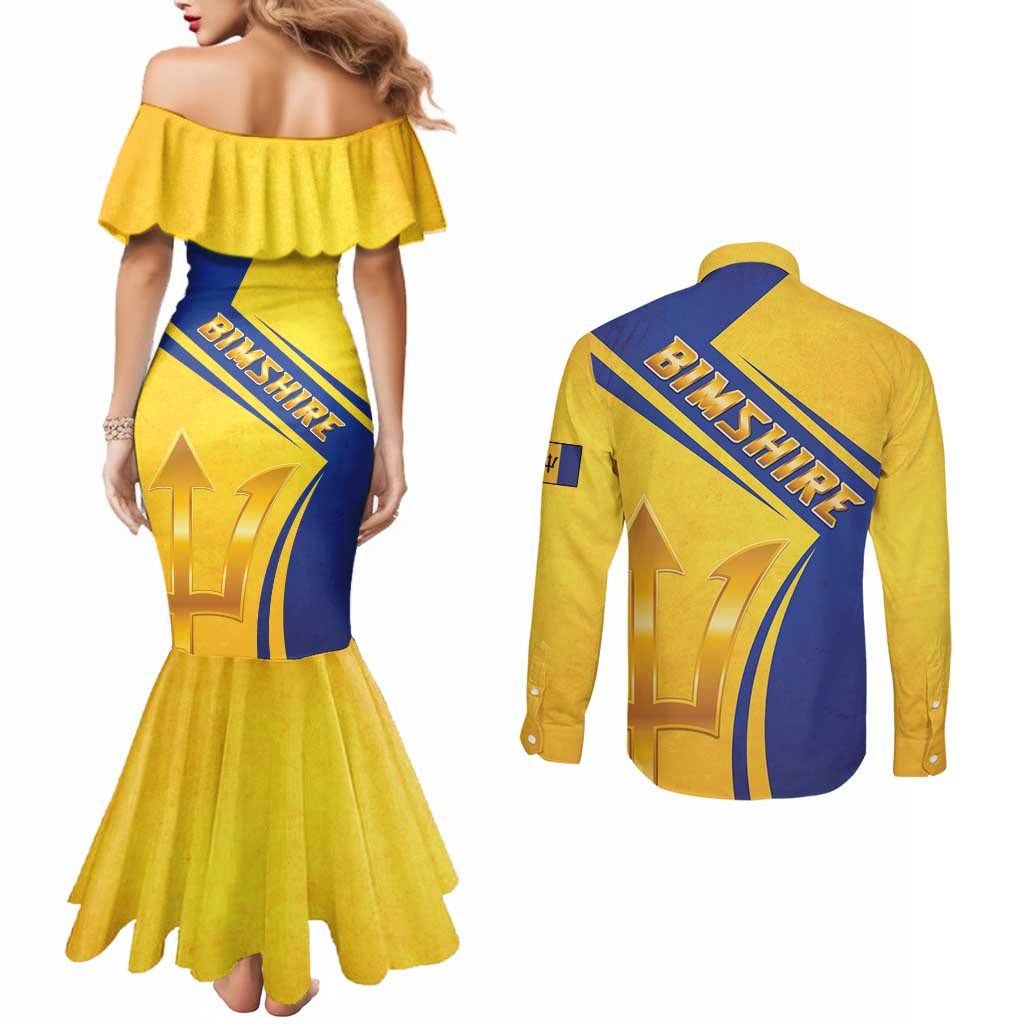 Barbados Gold Trident Couples Matching Mermaid Dress and Long Sleeve Button Shirt With Coat Of Arms