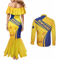 Barbados Gold Trident Couples Matching Mermaid Dress and Long Sleeve Button Shirt With Coat Of Arms