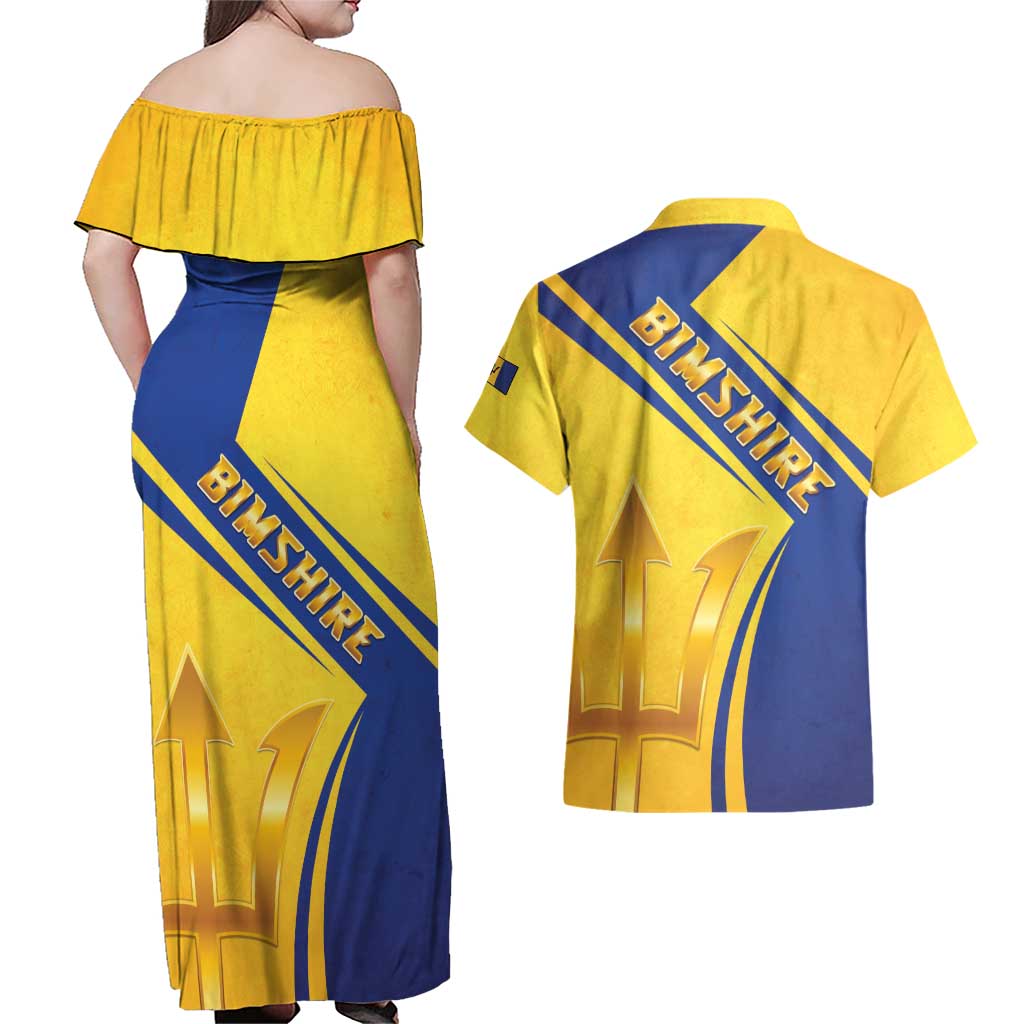 Barbados Gold Trident Couples Matching Off Shoulder Maxi Dress and Hawaiian Shirt With Coat Of Arms