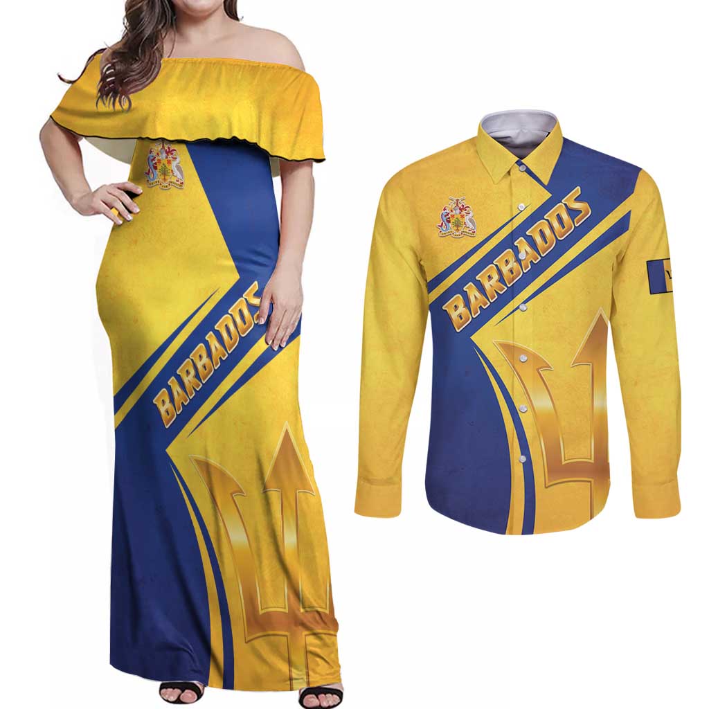 Barbados Gold Trident Couples Matching Off Shoulder Maxi Dress and Long Sleeve Button Shirt With Coat Of Arms