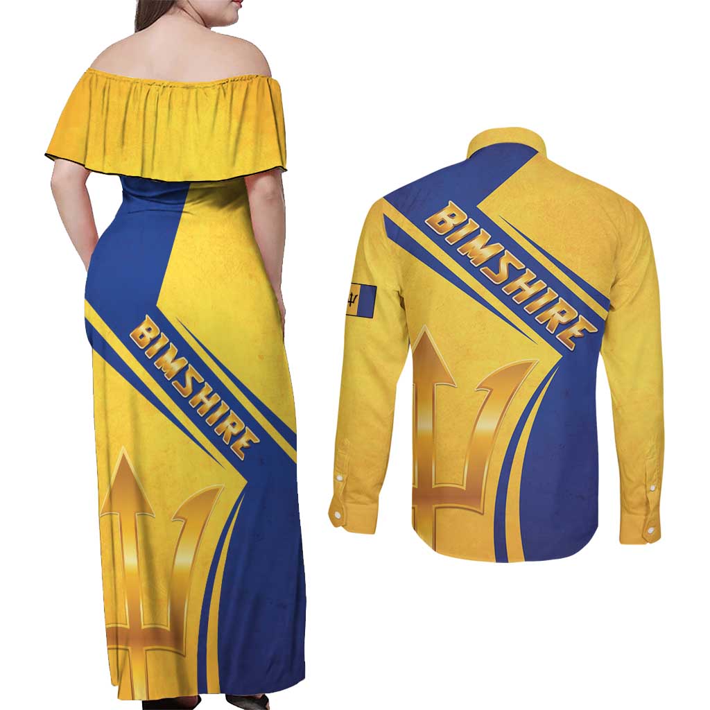 Barbados Gold Trident Couples Matching Off Shoulder Maxi Dress and Long Sleeve Button Shirt With Coat Of Arms