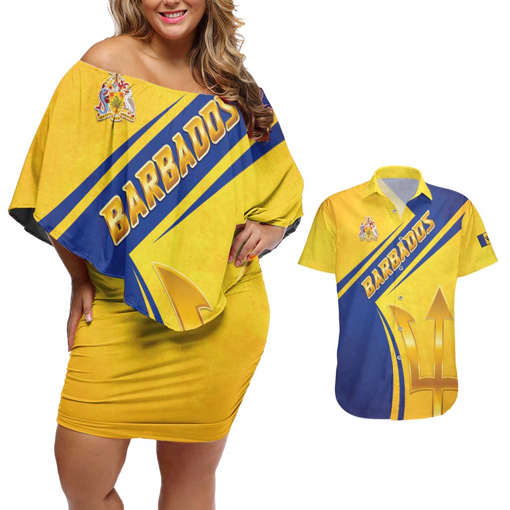 Barbados Gold Trident Couples Matching Off Shoulder Short Dress and Hawaiian Shirt With Coat Of Arms