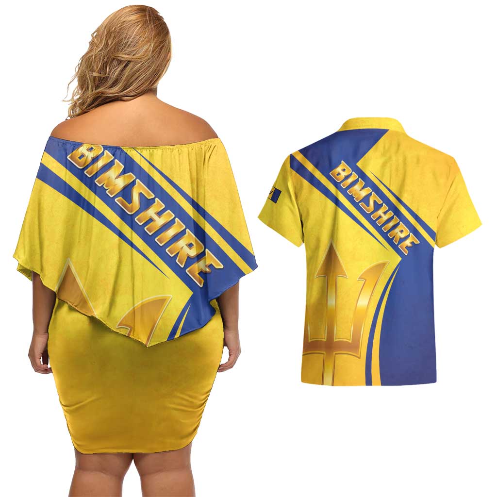 Barbados Gold Trident Couples Matching Off Shoulder Short Dress and Hawaiian Shirt With Coat Of Arms