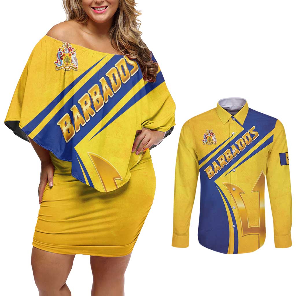 Barbados Gold Trident Couples Matching Off Shoulder Short Dress and Long Sleeve Button Shirt With Coat Of Arms