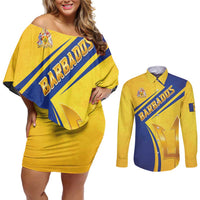 Barbados Gold Trident Couples Matching Off Shoulder Short Dress and Long Sleeve Button Shirt With Coat Of Arms