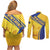 Barbados Gold Trident Couples Matching Off Shoulder Short Dress and Long Sleeve Button Shirt With Coat Of Arms
