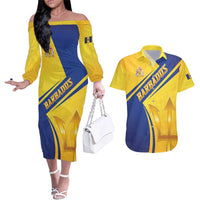 Barbados Gold Trident Couples Matching Off The Shoulder Long Sleeve Dress and Hawaiian Shirt With Coat Of Arms