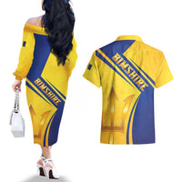 Barbados Gold Trident Couples Matching Off The Shoulder Long Sleeve Dress and Hawaiian Shirt With Coat Of Arms