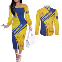 Barbados Gold Trident Couples Matching Off The Shoulder Long Sleeve Dress and Long Sleeve Button Shirt With Coat Of Arms