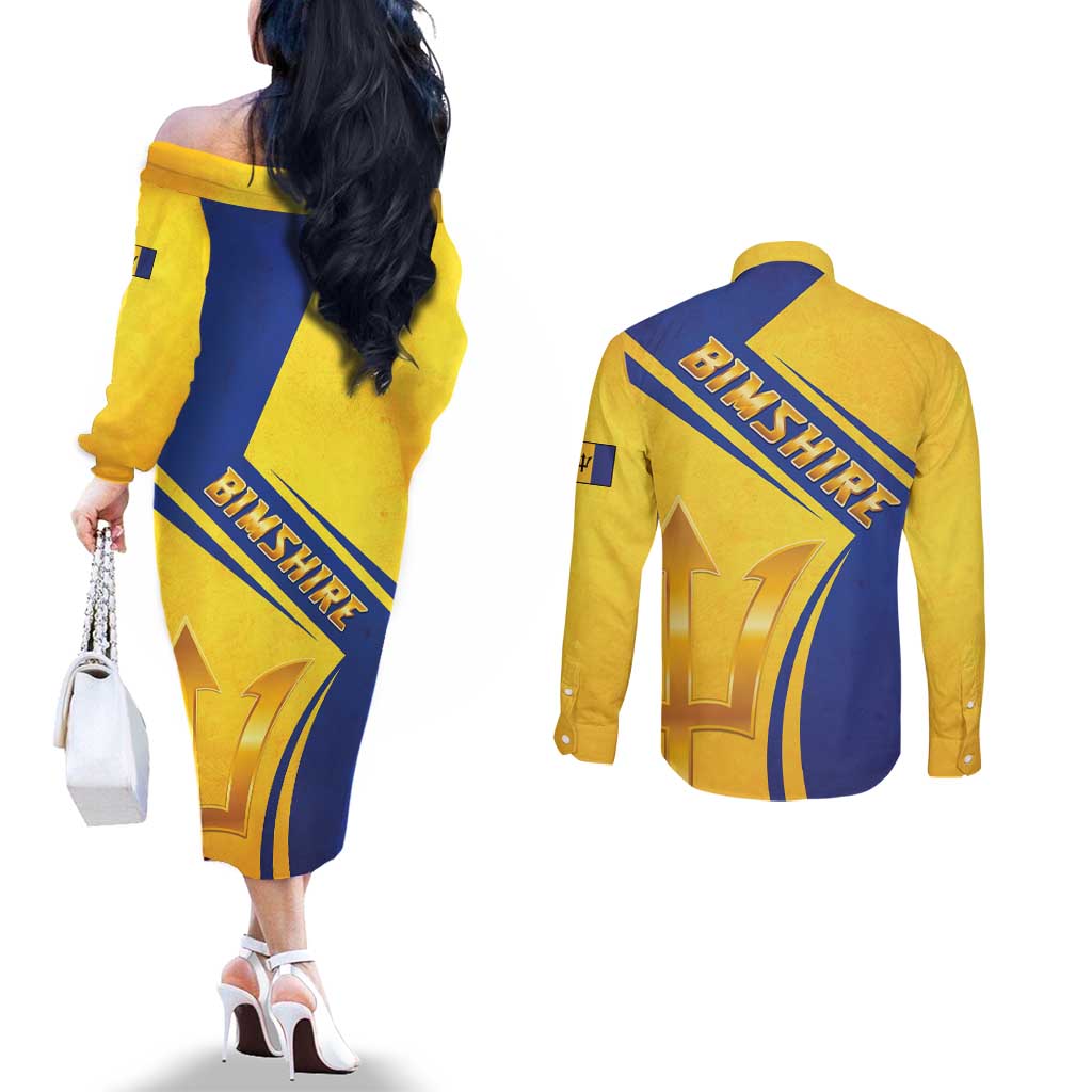 Barbados Gold Trident Couples Matching Off The Shoulder Long Sleeve Dress and Long Sleeve Button Shirt With Coat Of Arms