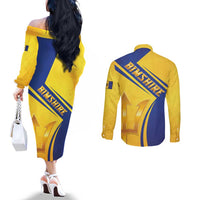 Barbados Gold Trident Couples Matching Off The Shoulder Long Sleeve Dress and Long Sleeve Button Shirt With Coat Of Arms