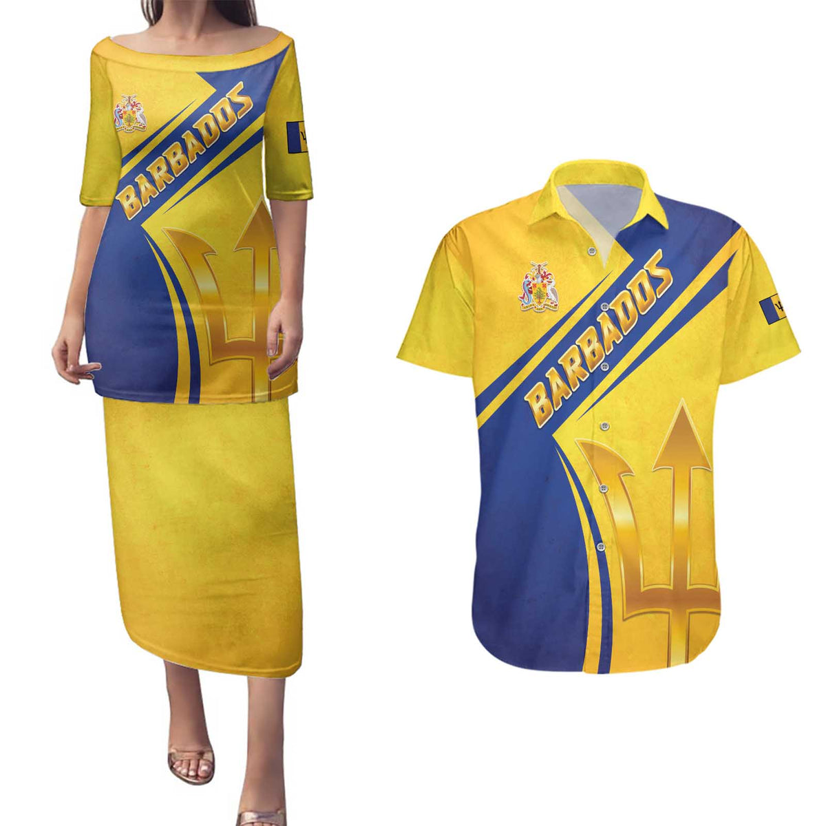 Barbados Gold Trident Couples Matching Puletasi and Hawaiian Shirt With Coat Of Arms
