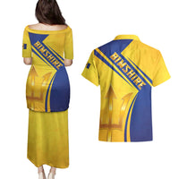 Barbados Gold Trident Couples Matching Puletasi and Hawaiian Shirt With Coat Of Arms