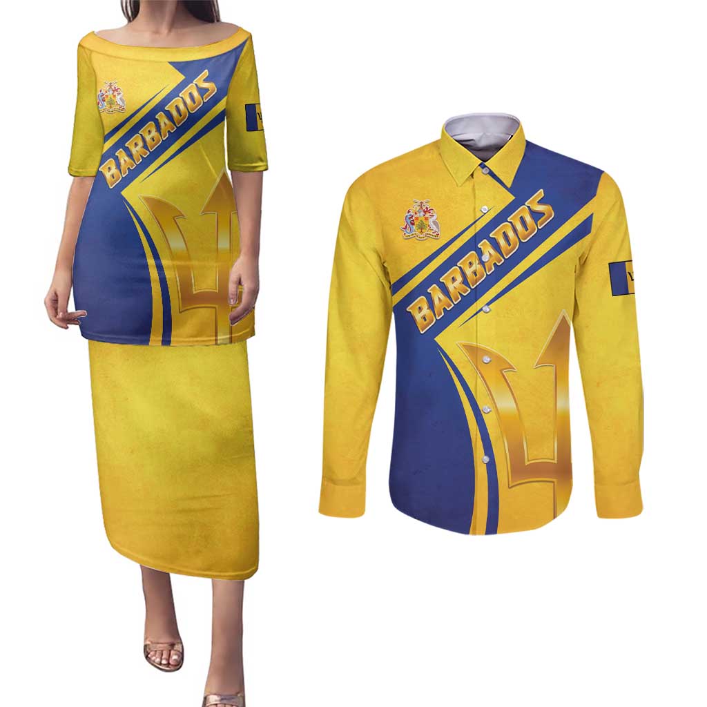 Barbados Gold Trident Couples Matching Puletasi and Long Sleeve Button Shirt With Coat Of Arms