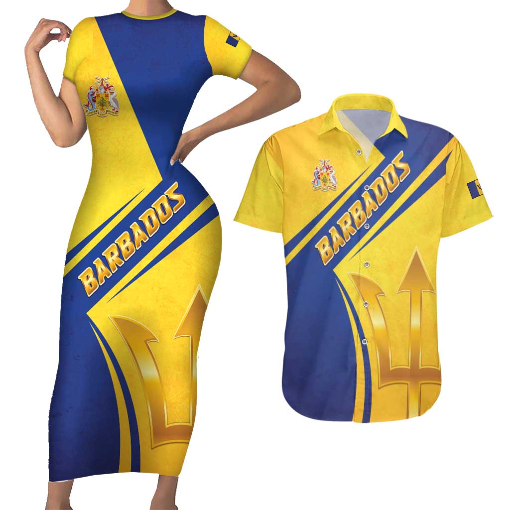 Barbados Gold Trident Couples Matching Short Sleeve Bodycon Dress and Hawaiian Shirt With Coat Of Arms