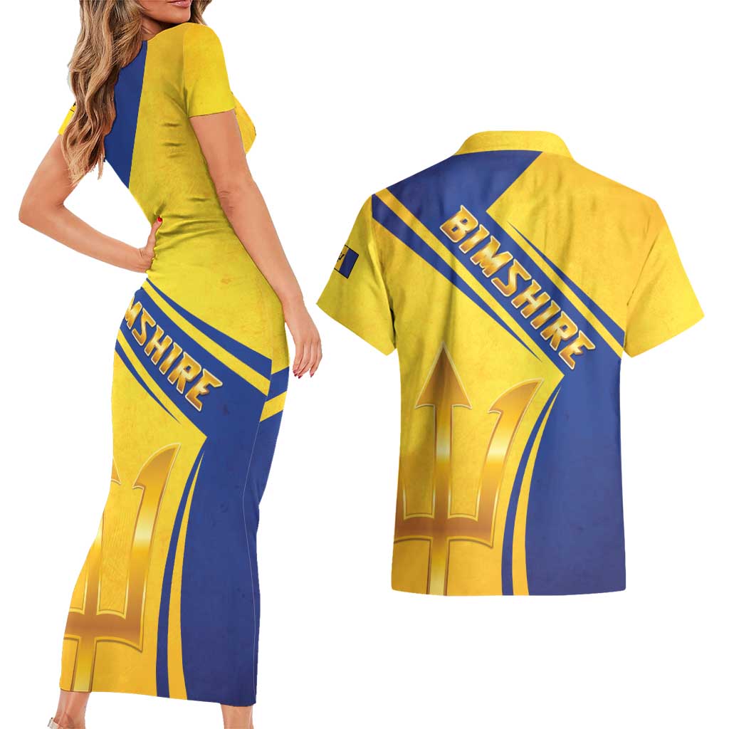 Barbados Gold Trident Couples Matching Short Sleeve Bodycon Dress and Hawaiian Shirt With Coat Of Arms