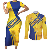 Barbados Gold Trident Couples Matching Short Sleeve Bodycon Dress and Long Sleeve Button Shirt With Coat Of Arms