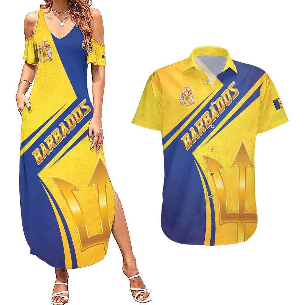 Barbados Gold Trident Couples Matching Summer Maxi Dress and Hawaiian Shirt With Coat Of Arms
