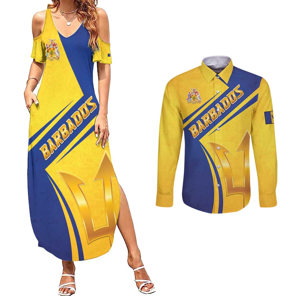 Barbados Gold Trident Couples Matching Summer Maxi Dress and Long Sleeve Button Shirt With Coat Of Arms