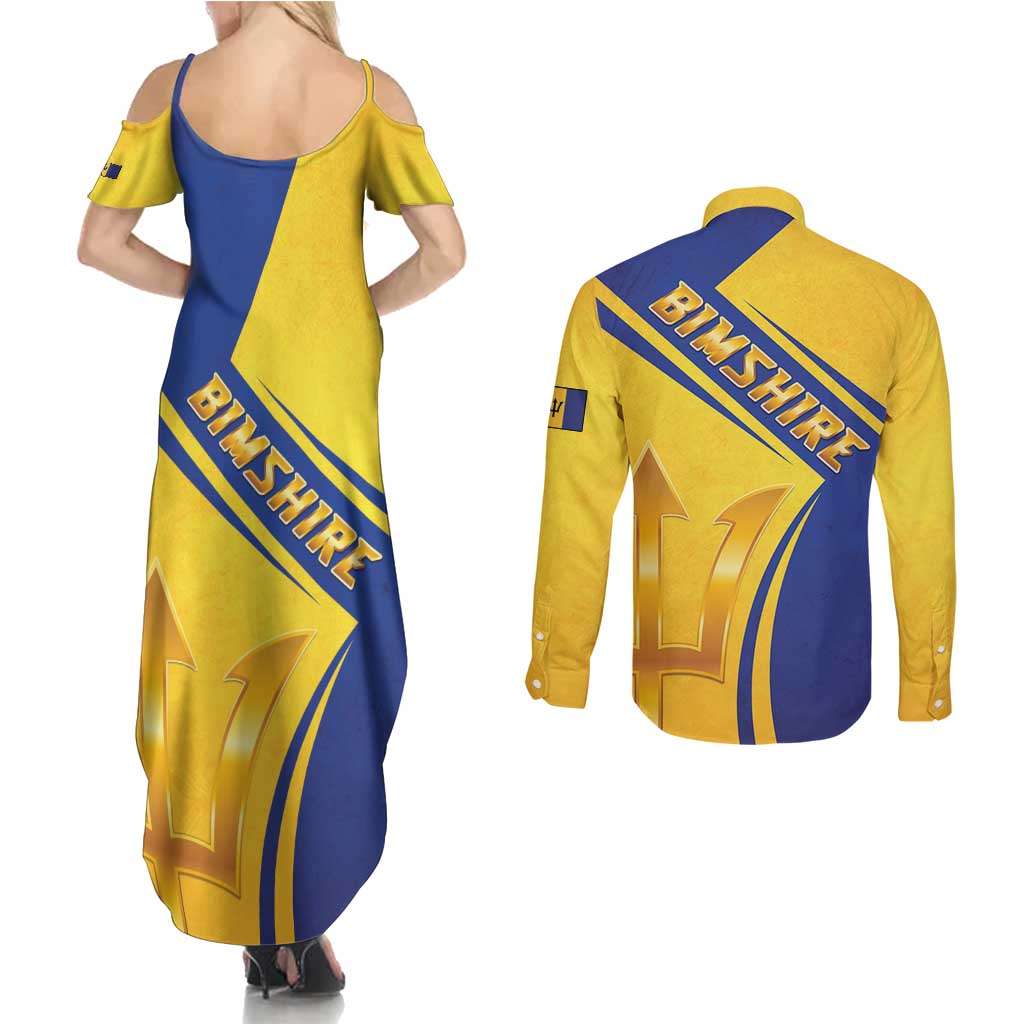 Barbados Gold Trident Couples Matching Summer Maxi Dress and Long Sleeve Button Shirt With Coat Of Arms