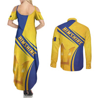 Barbados Gold Trident Couples Matching Summer Maxi Dress and Long Sleeve Button Shirt With Coat Of Arms