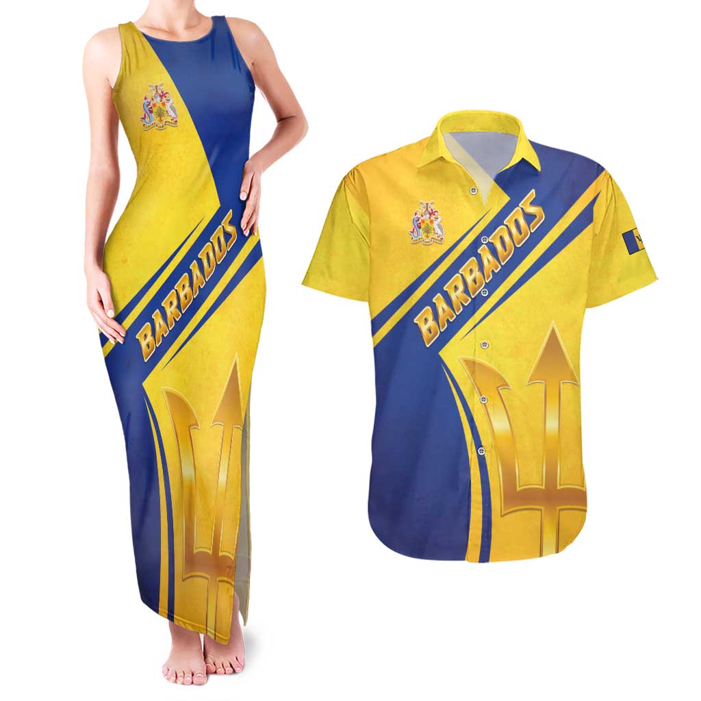 Barbados Gold Trident Couples Matching Tank Maxi Dress and Hawaiian Shirt With Coat Of Arms