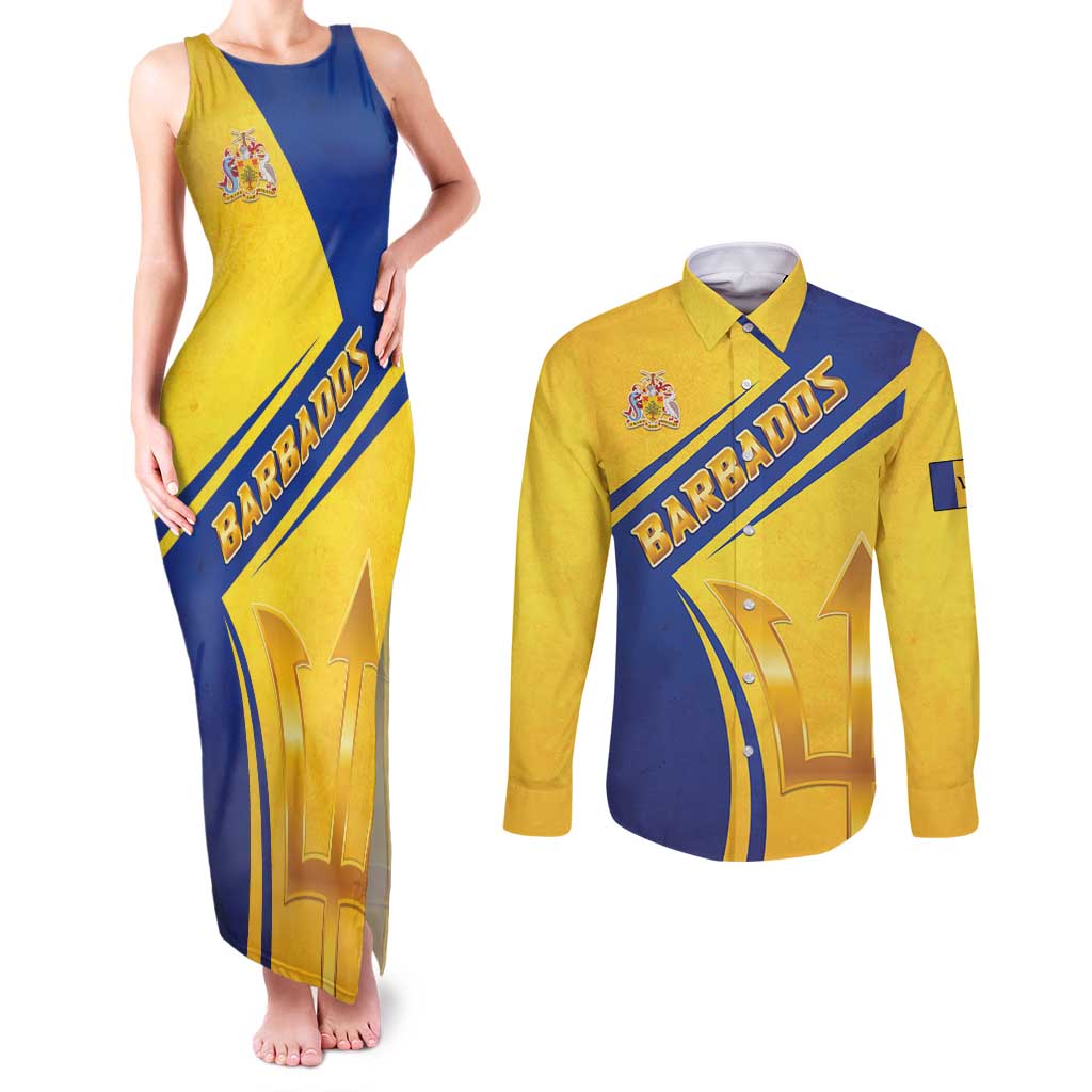 Barbados Gold Trident Couples Matching Tank Maxi Dress and Long Sleeve Button Shirt With Coat Of Arms