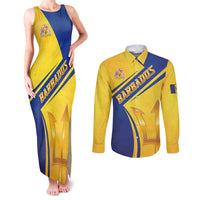 Barbados Gold Trident Couples Matching Tank Maxi Dress and Long Sleeve Button Shirt With Coat Of Arms