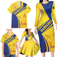Barbados Gold Trident Family Matching Long Sleeve Bodycon Dress and Hawaiian Shirt With Coat Of Arms