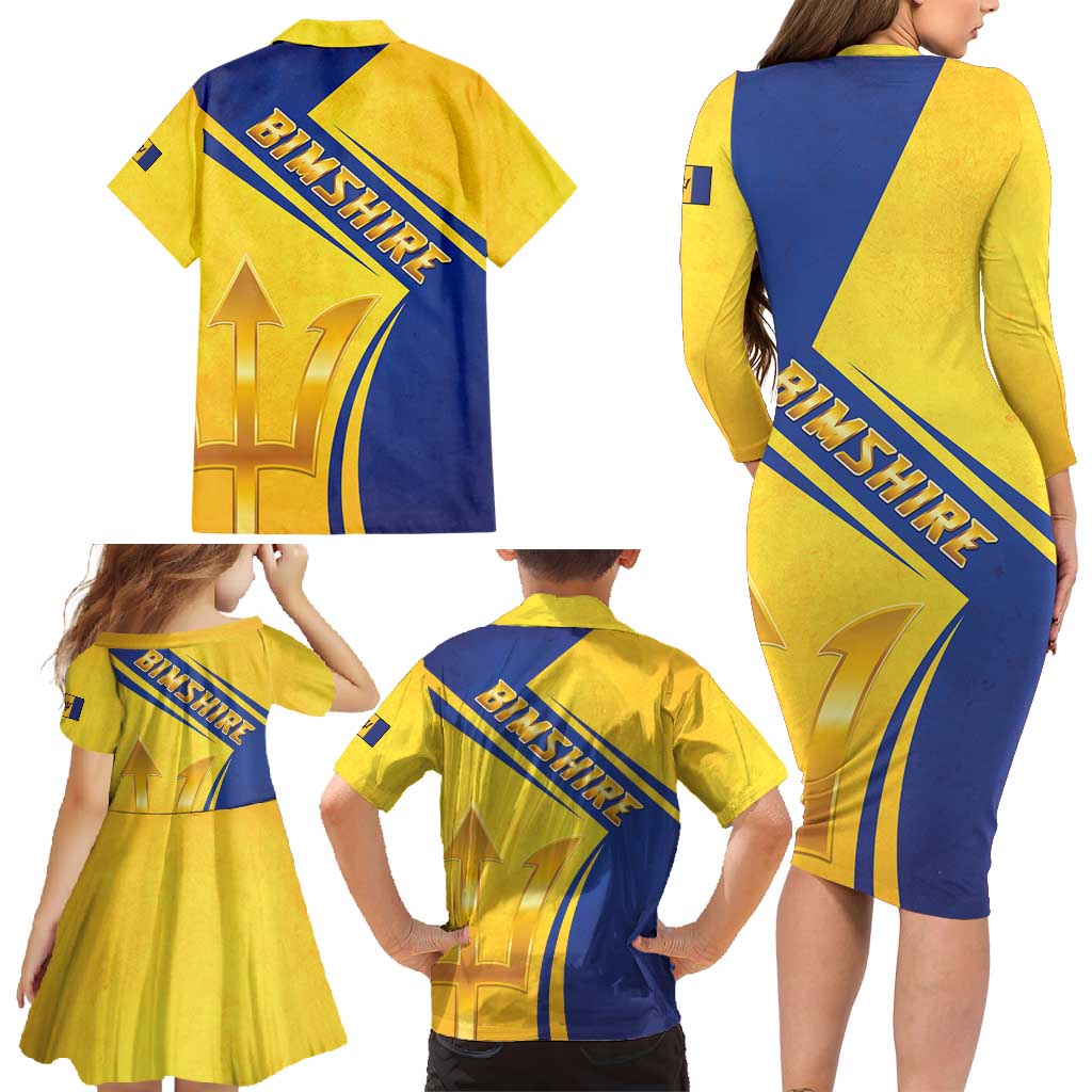 Barbados Gold Trident Family Matching Long Sleeve Bodycon Dress and Hawaiian Shirt With Coat Of Arms