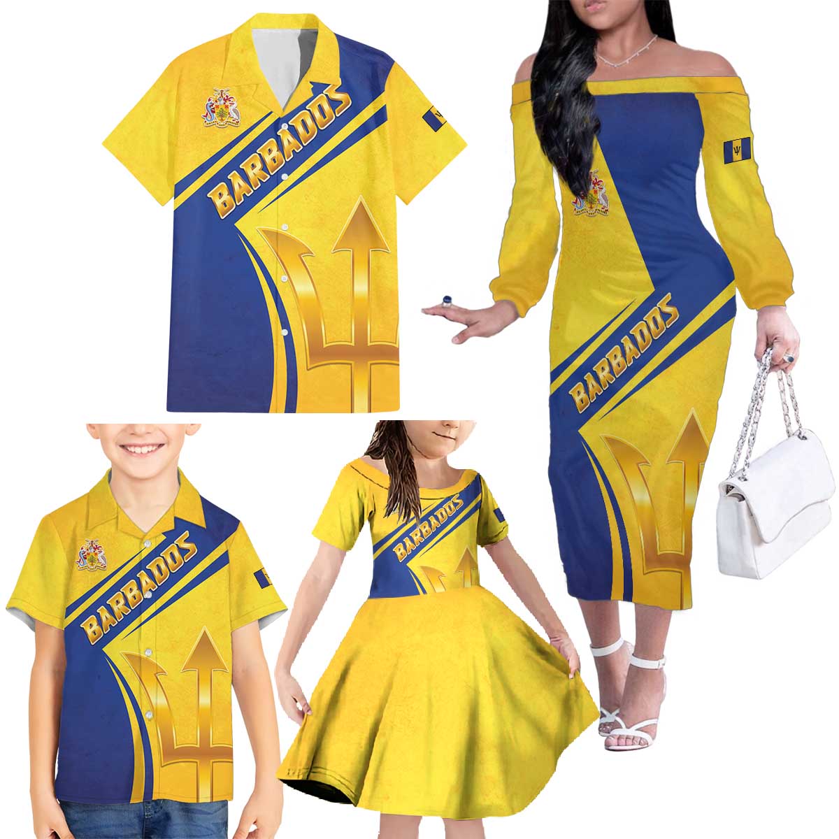 Barbados Gold Trident Family Matching Off The Shoulder Long Sleeve Dress and Hawaiian Shirt With Coat Of Arms