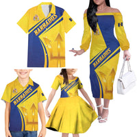 Barbados Gold Trident Family Matching Off The Shoulder Long Sleeve Dress and Hawaiian Shirt With Coat Of Arms