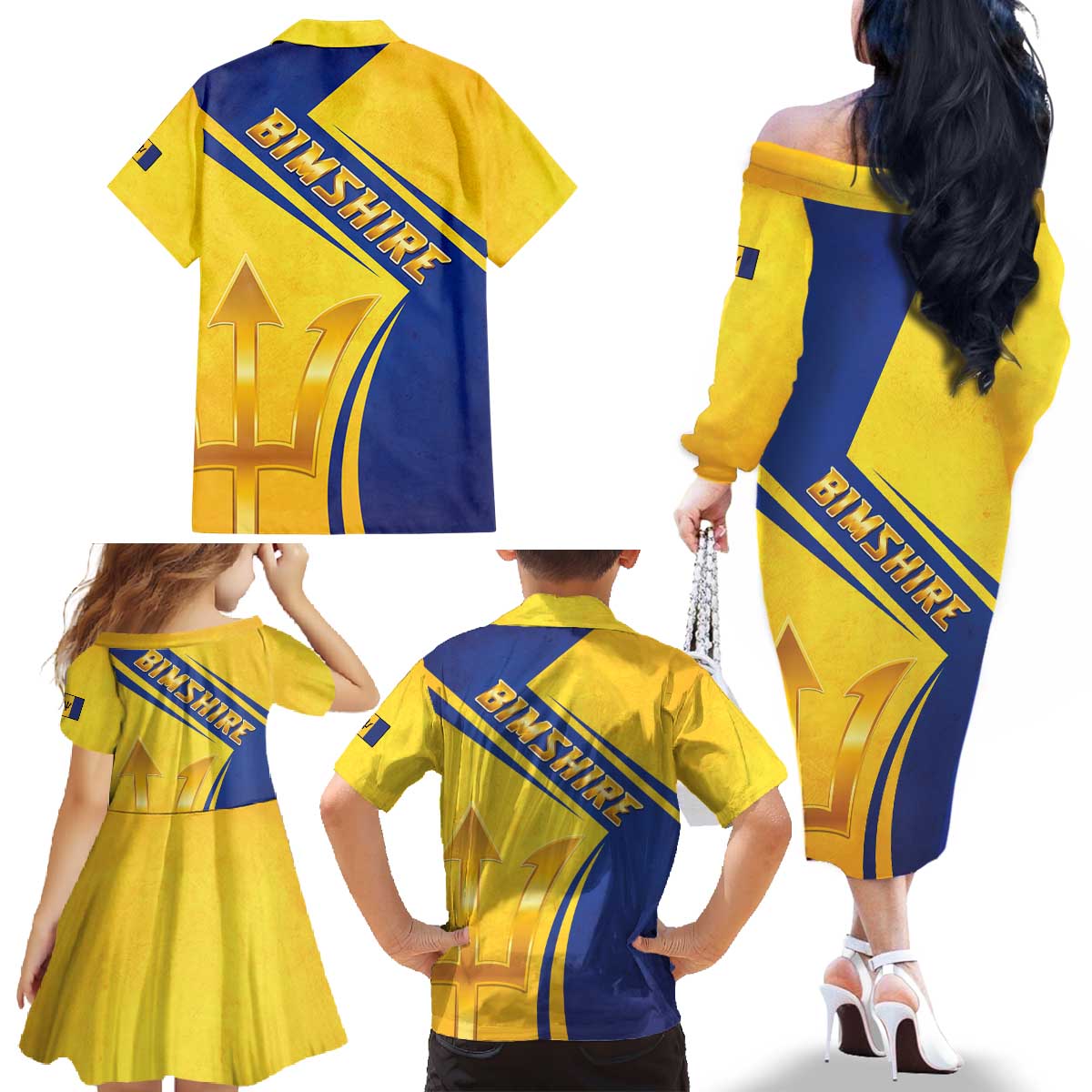 Barbados Gold Trident Family Matching Off The Shoulder Long Sleeve Dress and Hawaiian Shirt With Coat Of Arms