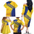 Barbados Gold Trident Family Matching Off The Shoulder Long Sleeve Dress and Hawaiian Shirt With Coat Of Arms