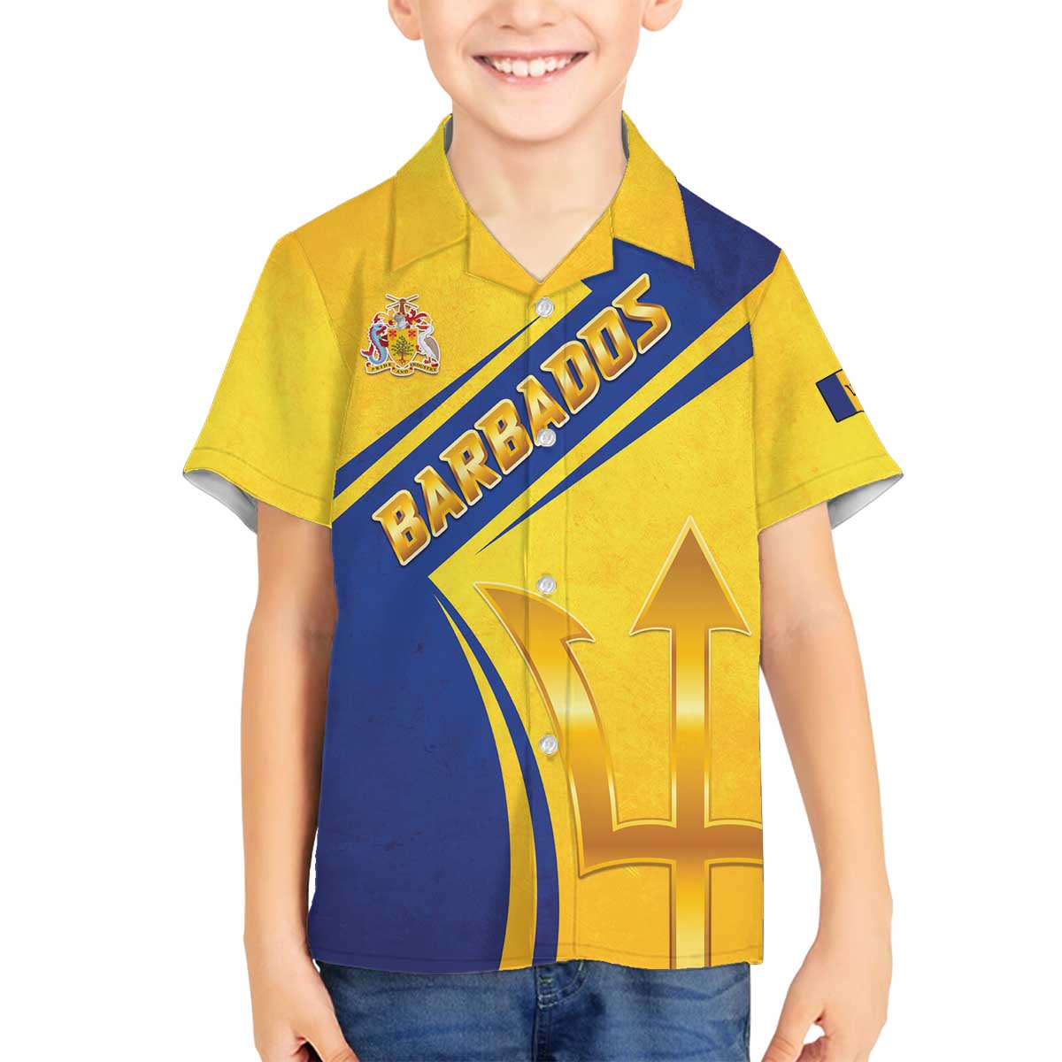 Barbados Gold Trident Family Matching Off The Shoulder Long Sleeve Dress and Hawaiian Shirt With Coat Of Arms