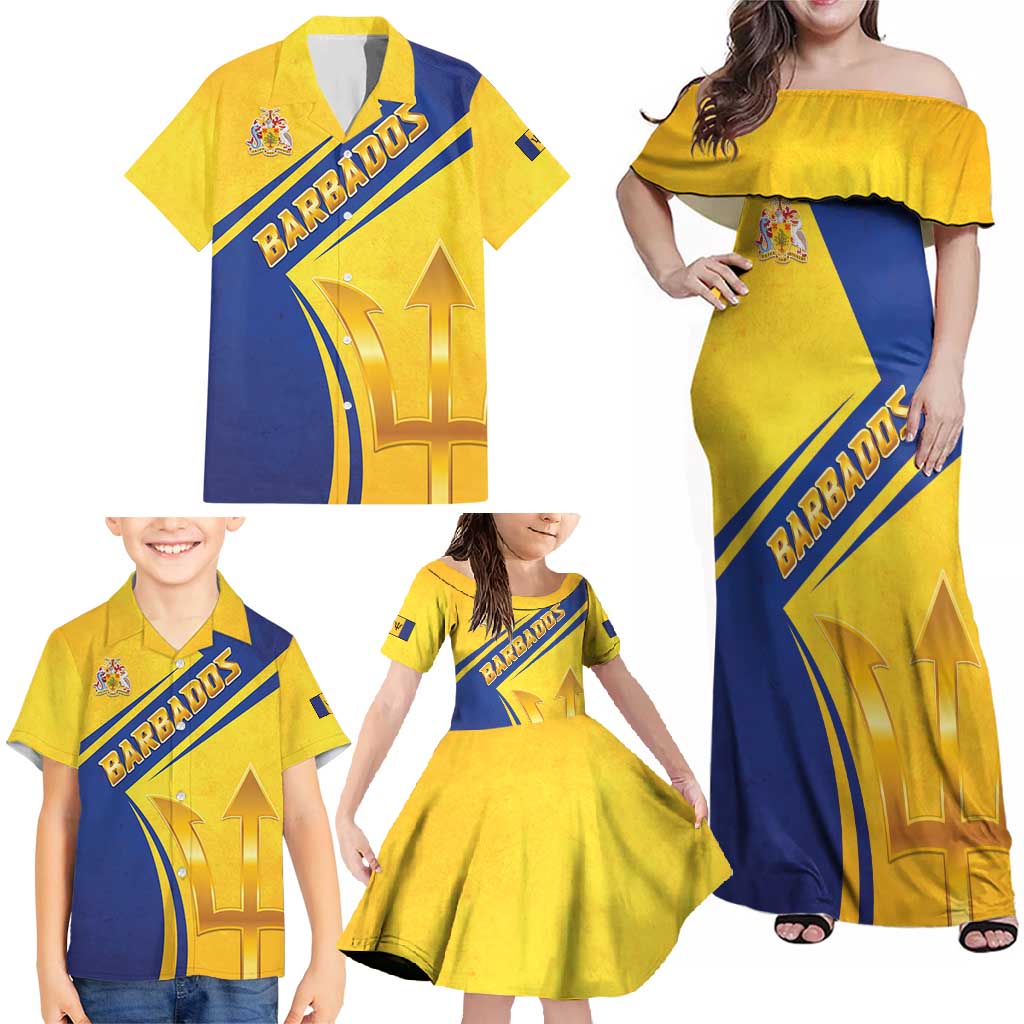 Barbados Gold Trident Family Matching Off Shoulder Maxi Dress and Hawaiian Shirt With Coat Of Arms
