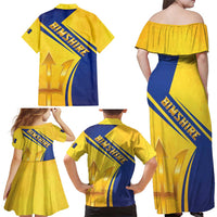 Barbados Gold Trident Family Matching Off Shoulder Maxi Dress and Hawaiian Shirt With Coat Of Arms