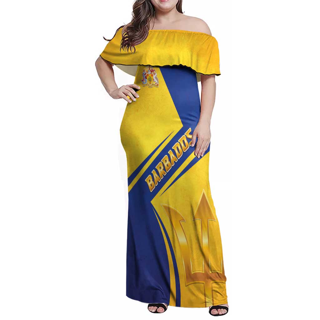 Barbados Gold Trident Family Matching Off Shoulder Maxi Dress and Hawaiian Shirt With Coat Of Arms