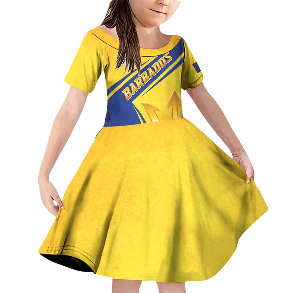 Barbados Gold Trident Family Matching Off Shoulder Short Dress and Hawaiian Shirt With Coat Of Arms