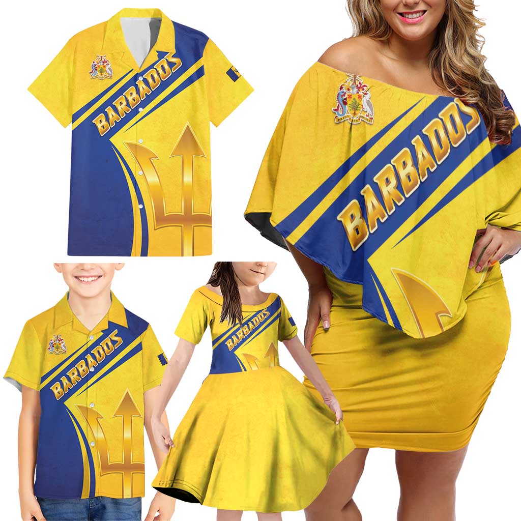Barbados Gold Trident Family Matching Off Shoulder Short Dress and Hawaiian Shirt With Coat Of Arms