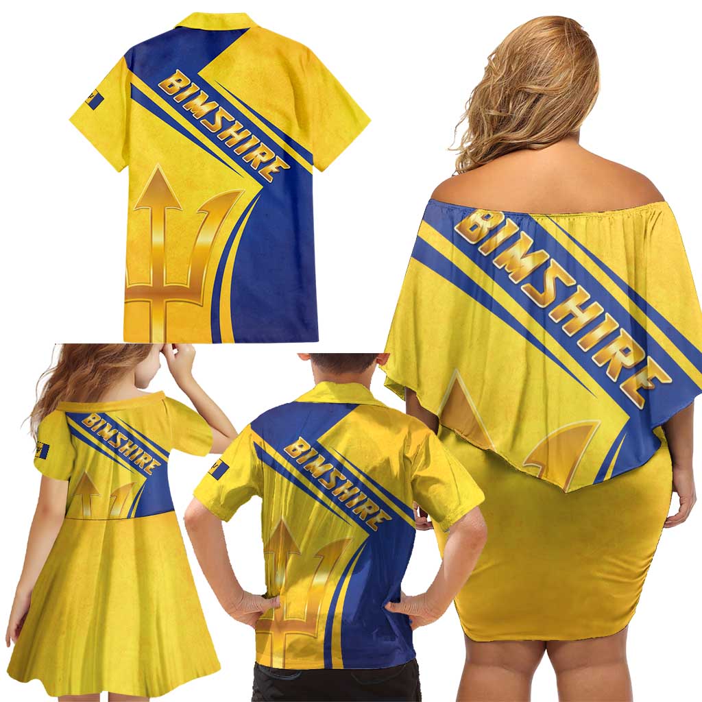 Barbados Gold Trident Family Matching Off Shoulder Short Dress and Hawaiian Shirt With Coat Of Arms