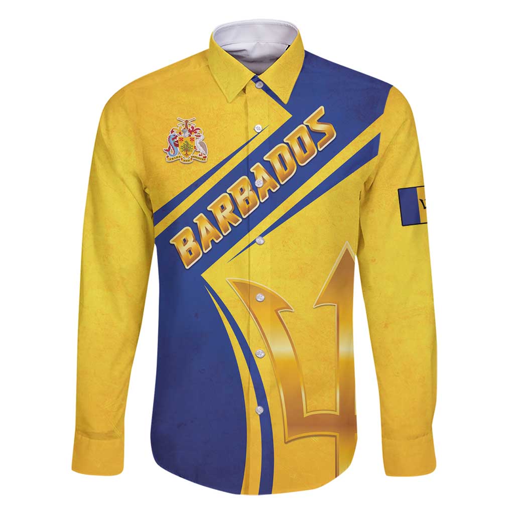 Barbados Gold Trident Family Matching Off Shoulder Short Dress and Hawaiian Shirt With Coat Of Arms