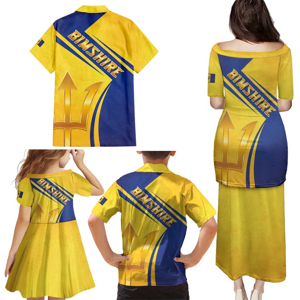 Barbados Gold Trident Family Matching Puletasi and Hawaiian Shirt With Coat Of Arms