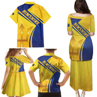 Barbados Gold Trident Family Matching Puletasi and Hawaiian Shirt With Coat Of Arms