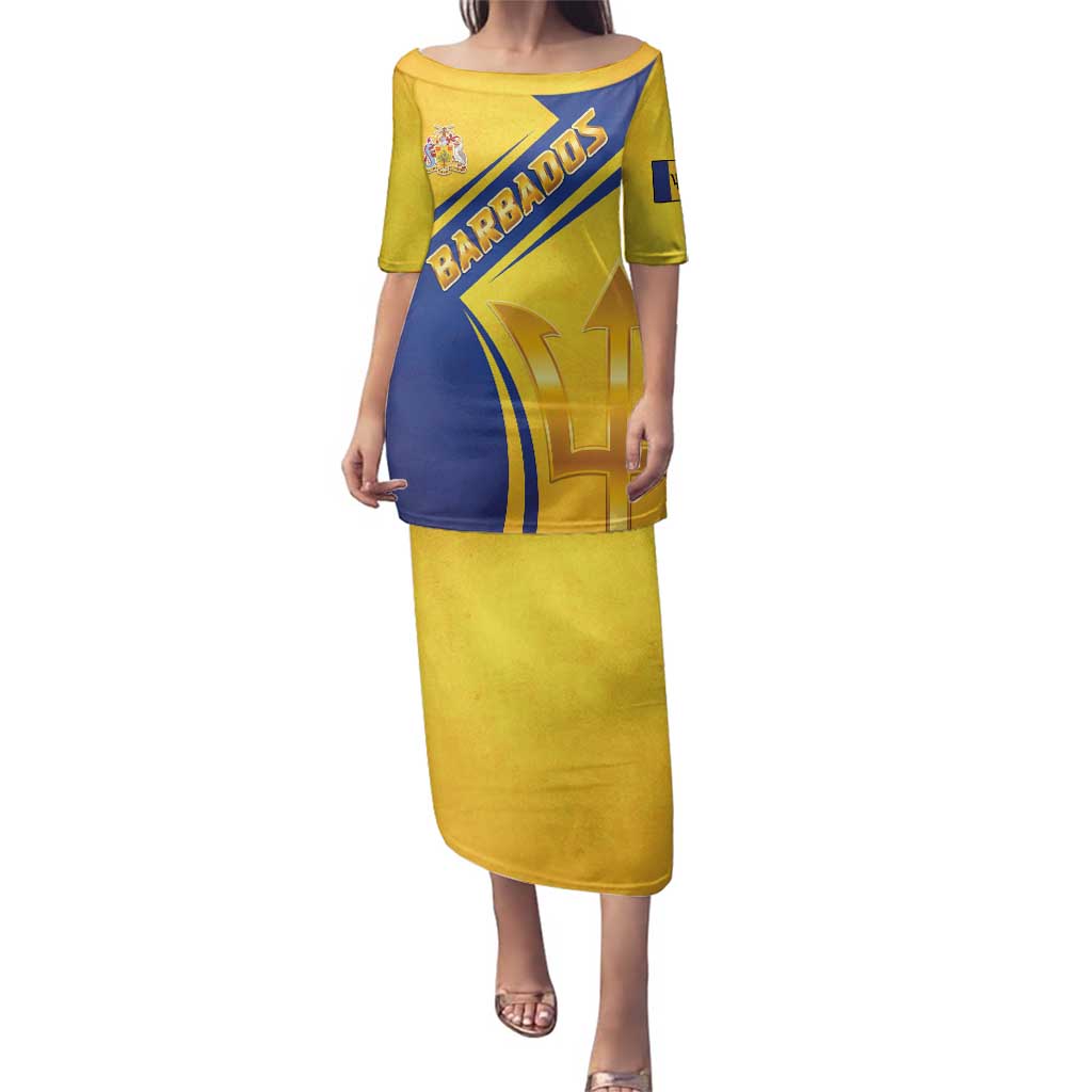 Barbados Gold Trident Family Matching Puletasi and Hawaiian Shirt With Coat Of Arms