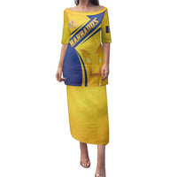 Barbados Gold Trident Family Matching Puletasi and Hawaiian Shirt With Coat Of Arms